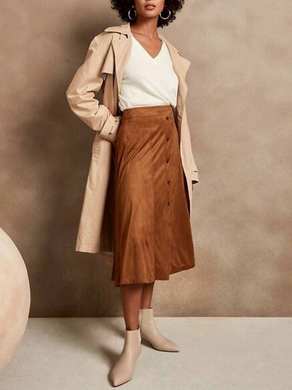 Banana Republic Vegan Suede Button-Front Midi Skirt Cognac Brown Size 20 Tall